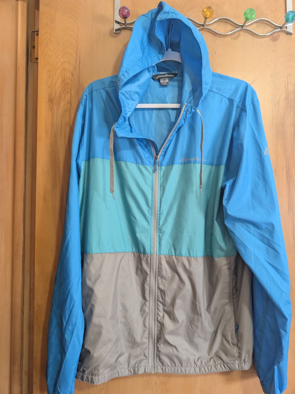 Eddie Bauer Blue/Turquoise/Gray Colorblock Hooded Windbreaker